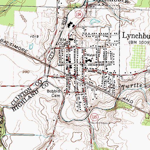 Topographic Map of Lynchburg, OH