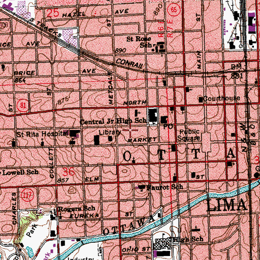 Topographic Map of City of Lima, OH