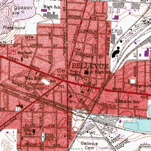Topographic Map of City of Bellevue, OH