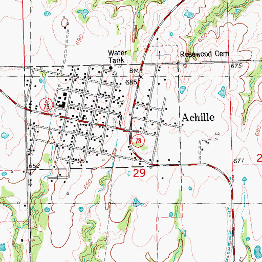 Topographic Map of Achille, OK