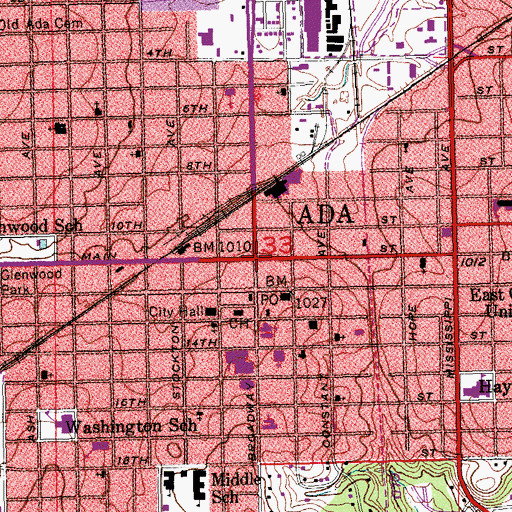 Topographic Map of Ada, OK