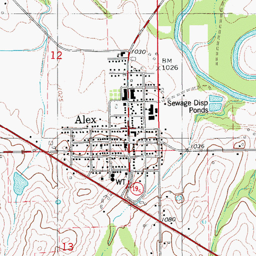Topographic Map of Alex, OK