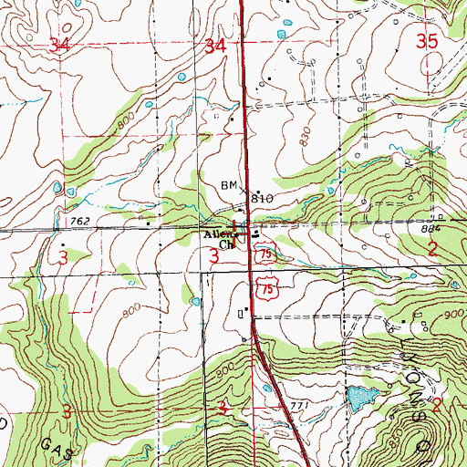 Topographic Map of Allen Church, OK