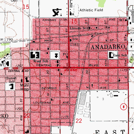 Topographic Map of Anadarko, OK