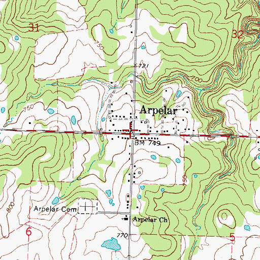 Topographic Map of Arpelar, OK