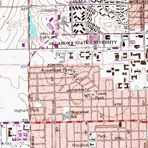 Topographic Map of Arrowhead Park, OK