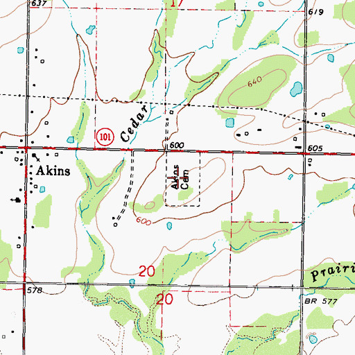 Topographic Map of Akins Cemetery, OK
