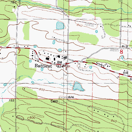Topographic Map of Battiest, OK