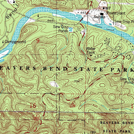 Topographic Map of Beavers Bend State Park, OK