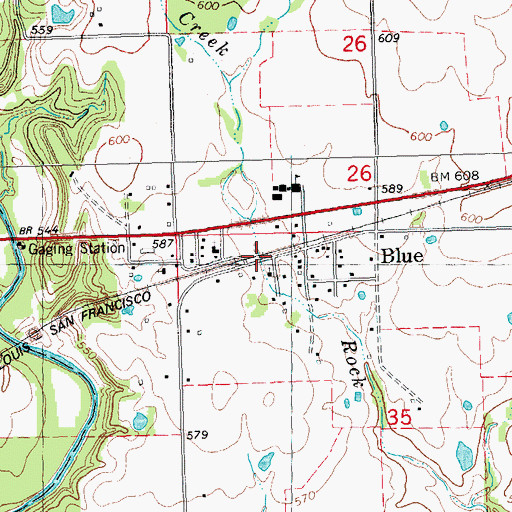 Topographic Map of Blue, OK