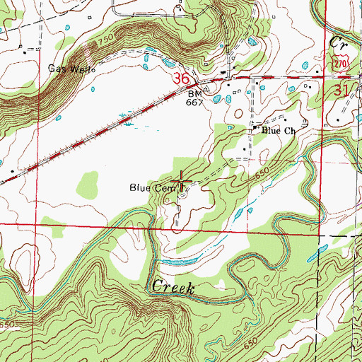 Topographic Map of Blue Cemetery, OK