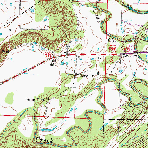 Topographic Map of Blue Church, OK