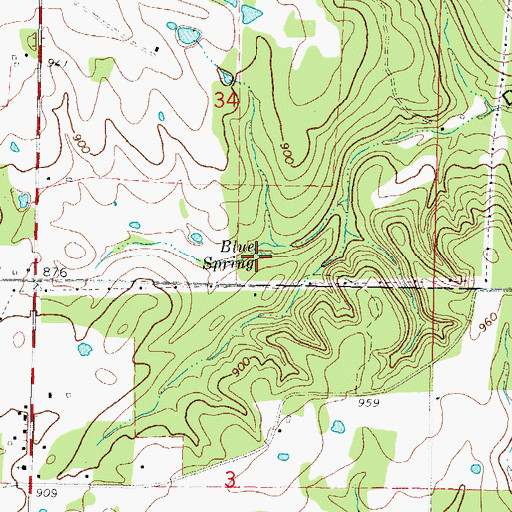 Topographic Map of Blue Spring, OK