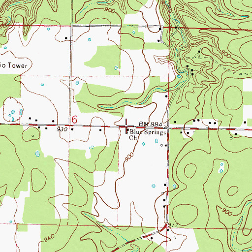 Topographic Map of Blue Springs Church, OK