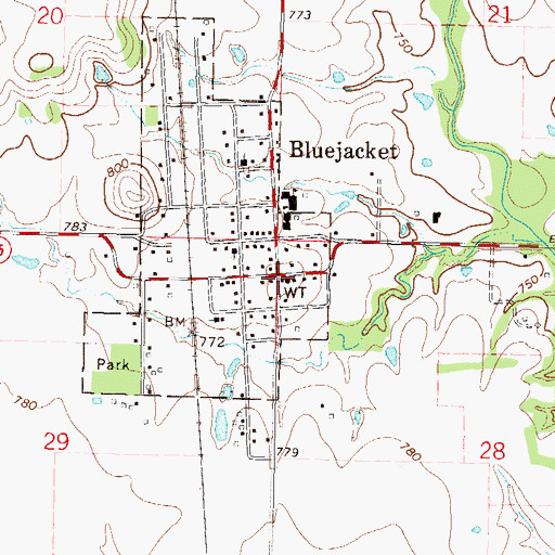 Topographic Map of Bluejacket, OK