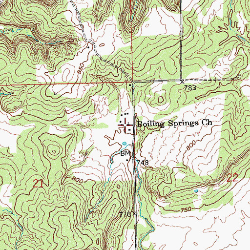 Topographic Map of Boiling Springs Church, OK