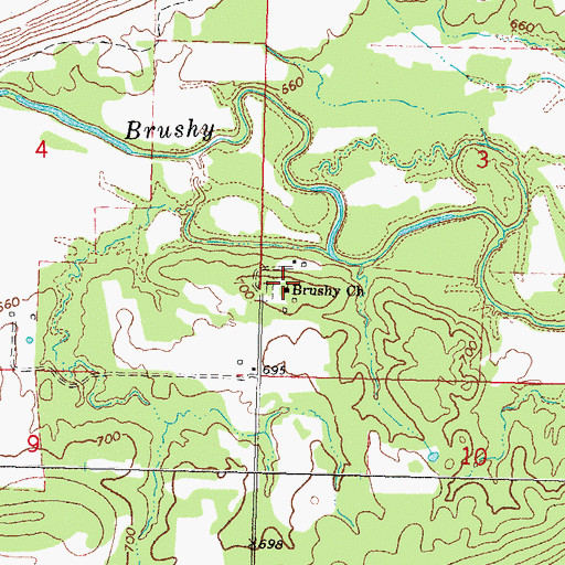 Topographic Map of Brushy Church, OK