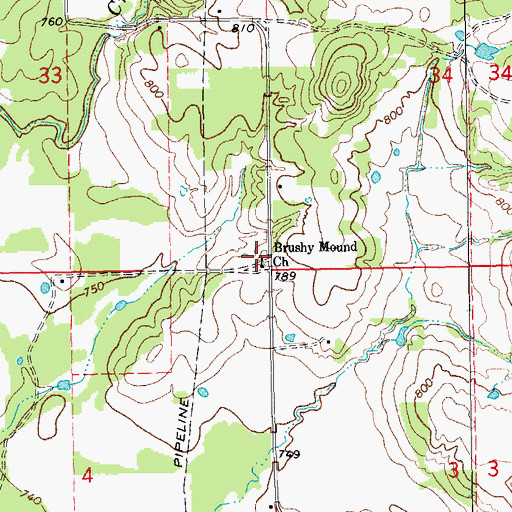 Topographic Map of Brushy Mound Church, OK