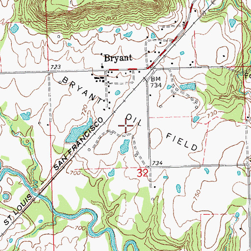 Topographic Map of Bryant Oil Field, OK