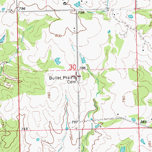 Topographic Map of Bullet Prairie Cemetery, OK