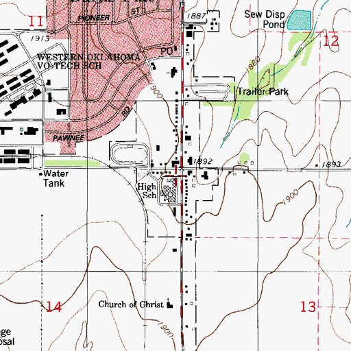 Topographic Map of Burns Flat, OK