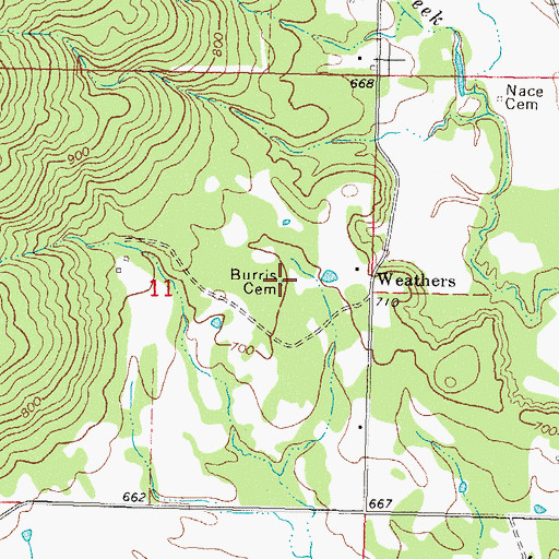 Topographic Map of Burris Cemetery, OK