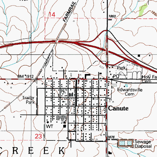 Topographic Map of Canute, OK