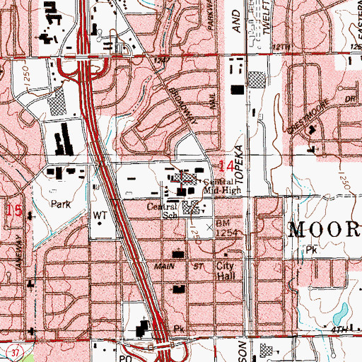 Topographic Map of Central Junior High School, OK