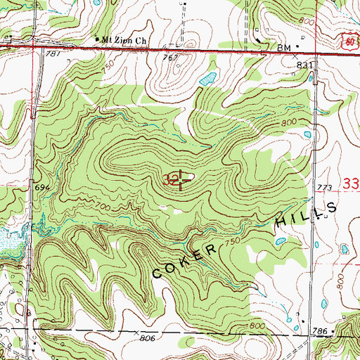 Topographic Map of Coker Hills, OK