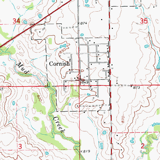 Topographic Map of Cornish, OK