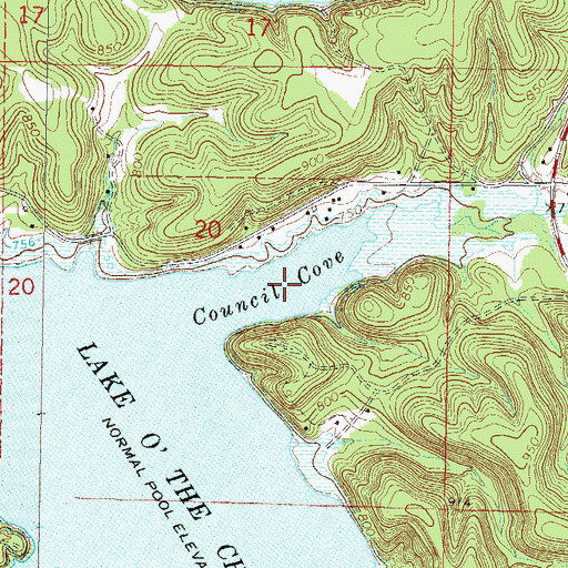 Topographic Map of Council Cove, OK