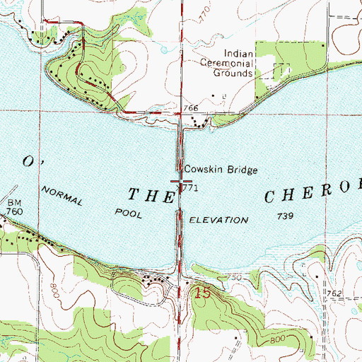 Topographic Map of Cowskin Bridge, OK