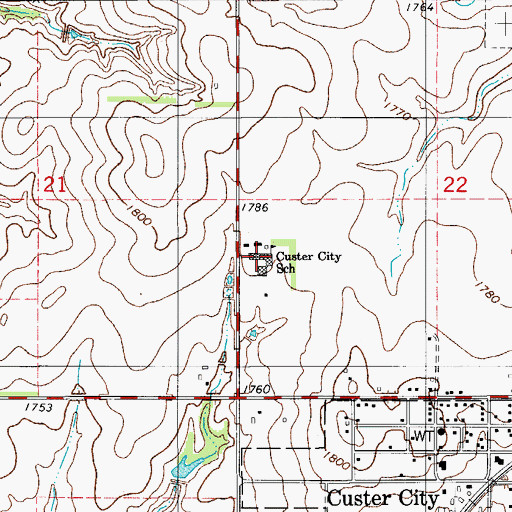 Topographic Map of Custer City High School, OK