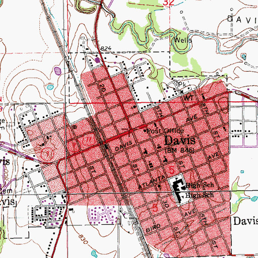 Topographic Map of Davis, OK