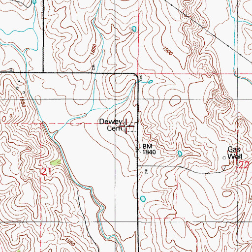 Topographic Map of Dewey Cemetery, OK