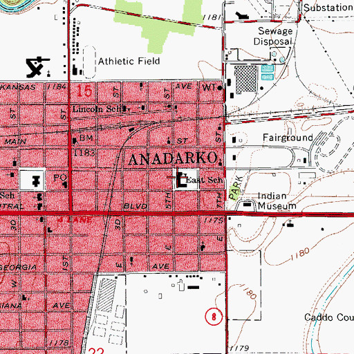 Topographic Map of East Elementary School, OK
