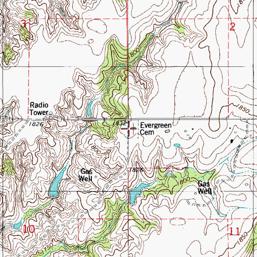 Topographic Map of Evergreen Cemetery, OK
