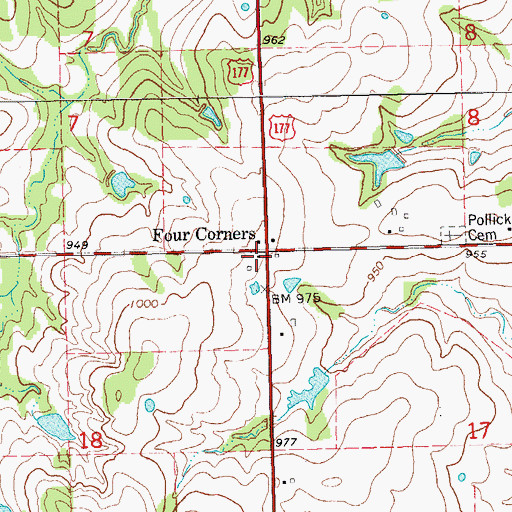 Topographic Map of Four Corners, OK