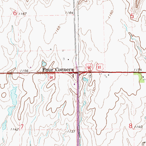 Topographic Map of Four Corners, OK