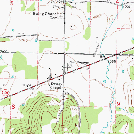 Topographic Map of Four Corners Church, OK