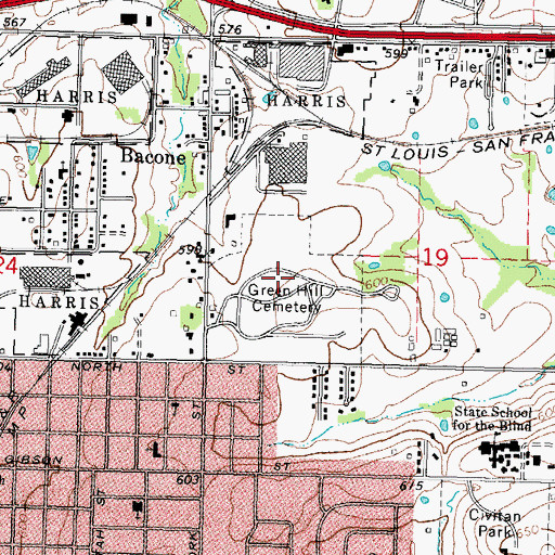 Topographic Map of Green Hill Cemetery, OK