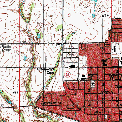 Topographic Map of Greenwood Cemetery, OK