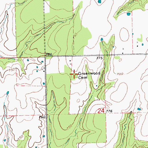 Topographic Map of Greenwood Cemetery, OK