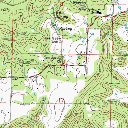 Topographic Map of Gum Spring Church, OK