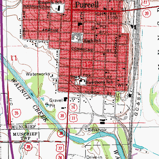 Topographic Map of Hawthorn School, OK