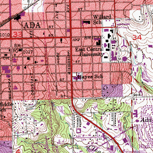 Topographic Map of Hayes Grade Center, OK