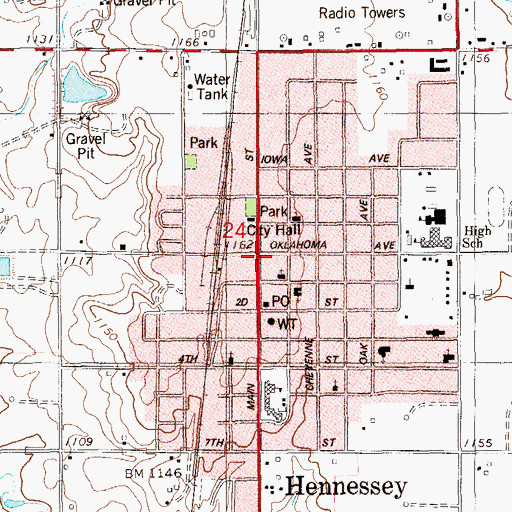 Topographic Map of Hennessey, OK