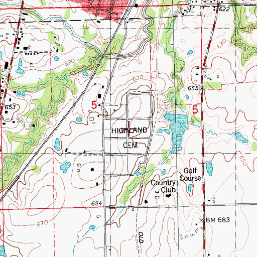 Topographic Map of Highland Cemetery, OK