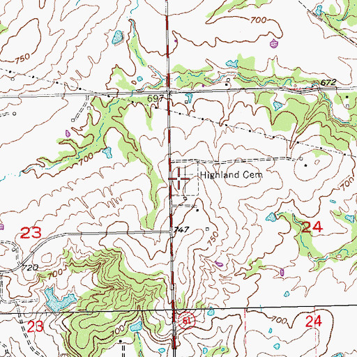 Topographic Map of Highland Cemetery, OK
