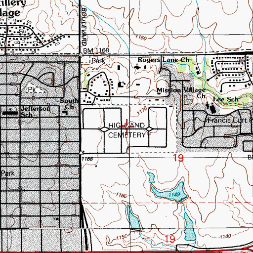 Topographic Map of Highland Cemetery, OK